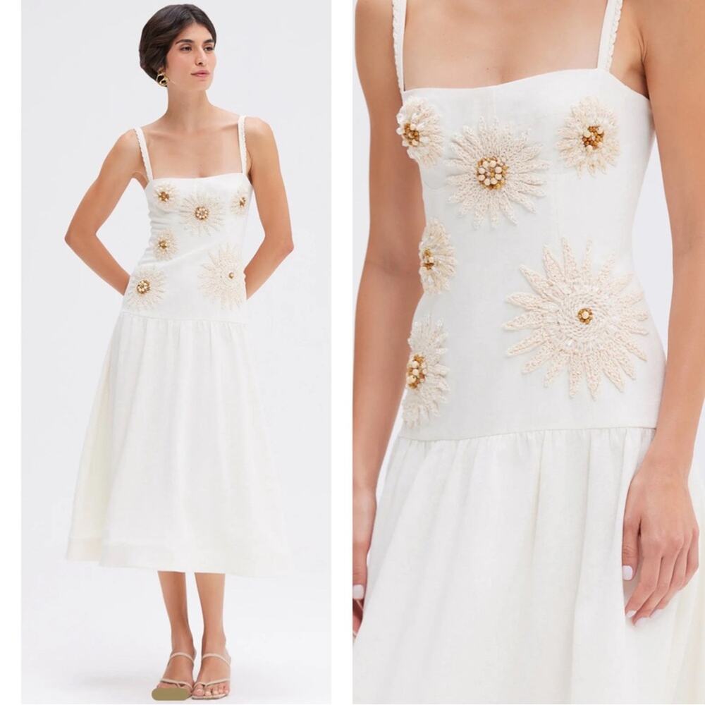 PATBO Tropic Linen Floral Beaded White Midi Dress Size 4 - Picture 2 of 8